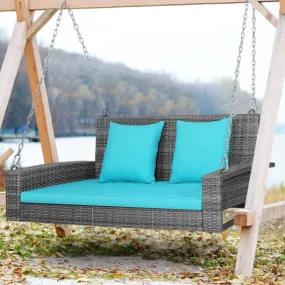 2-Person Patio PE Wicker Hanging Porch Swing Bench Chair Cushion 800 Pounds-Turquoise