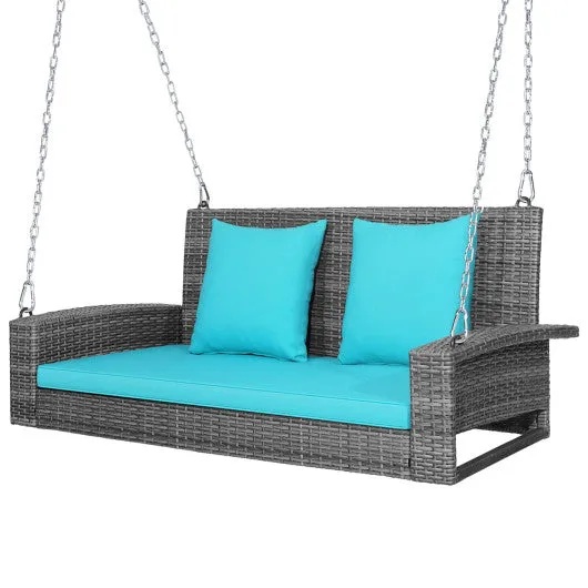 2-Person Patio PE Wicker Hanging Porch Swing Bench Chair Cushion 800 Pounds-Turquoise