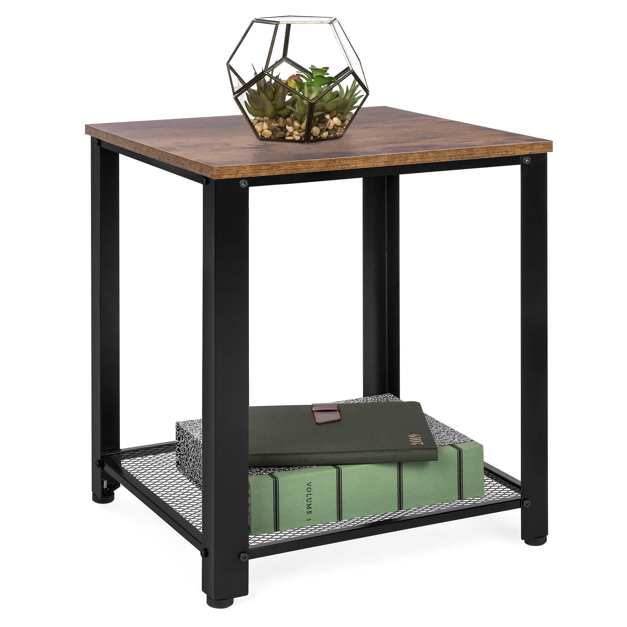 2-Tier Rustic Industrial Side End Table w/ Wood Finish Top, Metal Frame