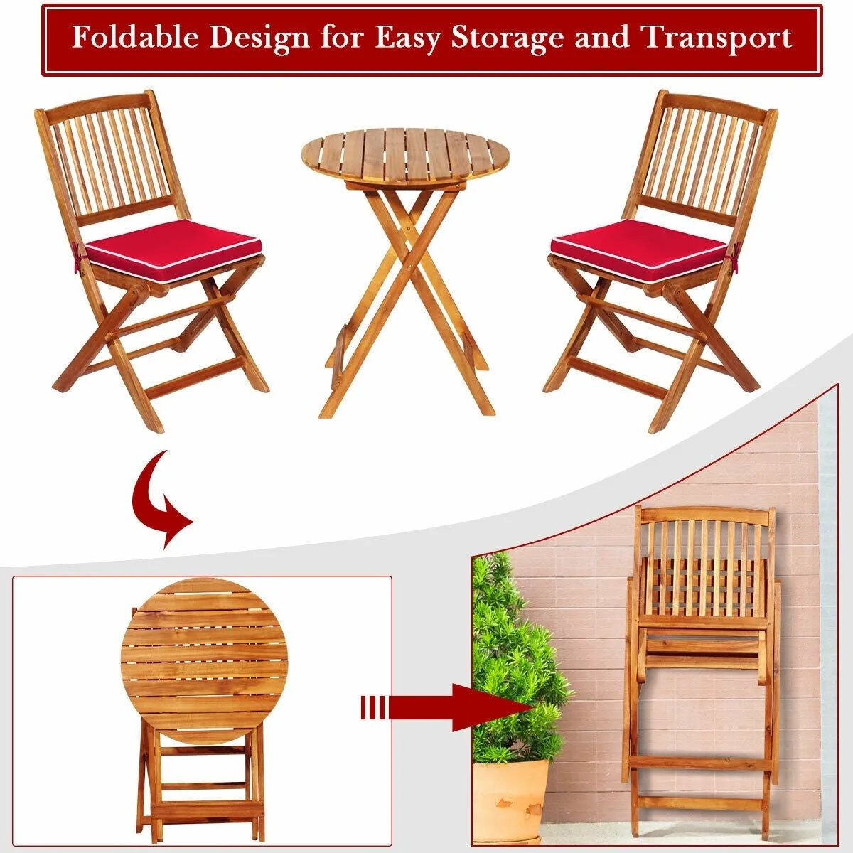 3pc Patio Foldable Wooden Bistro Set - Red