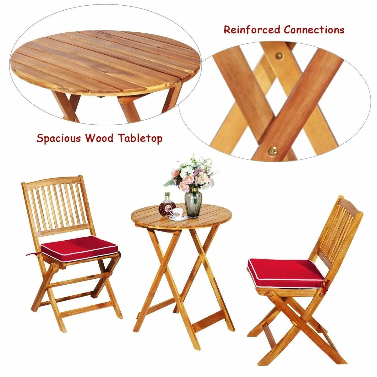 3pc Patio Foldable Wooden Bistro Set - Red