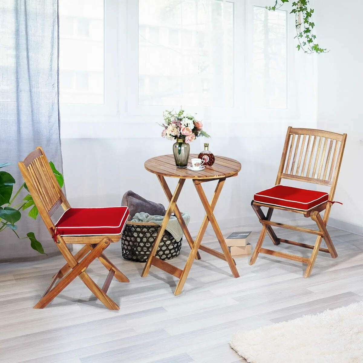 3pc Patio Foldable Wooden Bistro Set - Red