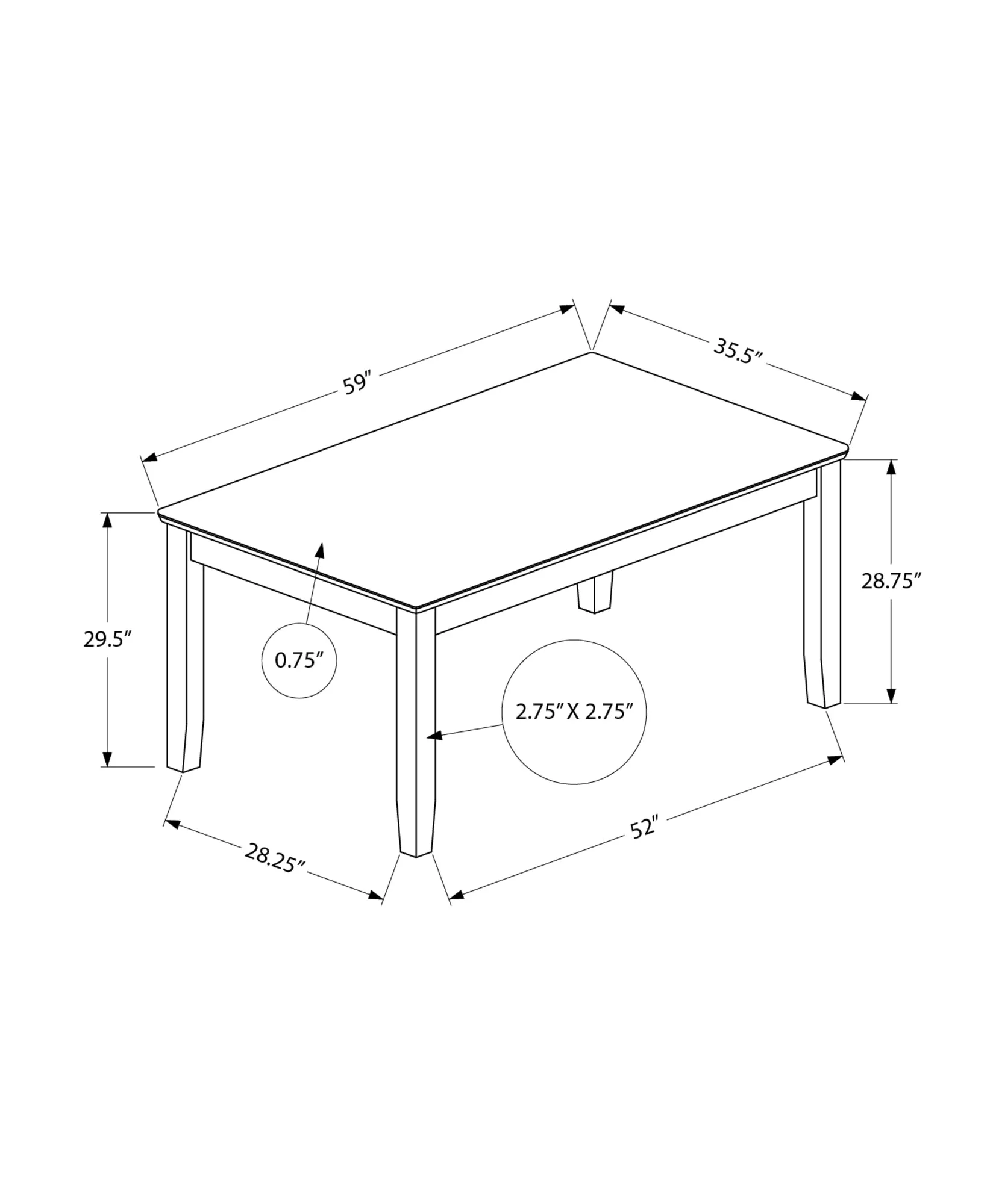 60" Rectangular Brown Veneer Dining Table for Dining Room & Kitchen