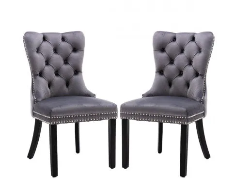 6x Velvet Dining Chairs Upholstered Tufted Kithcen Chair with Solid Wood Legs Stud Trim and Ring-Gray