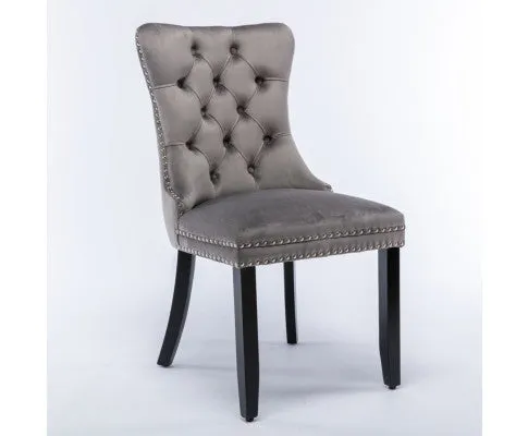 6x Velvet Dining Chairs Upholstered Tufted Kithcen Chair with Solid Wood Legs Stud Trim and Ring-Gray