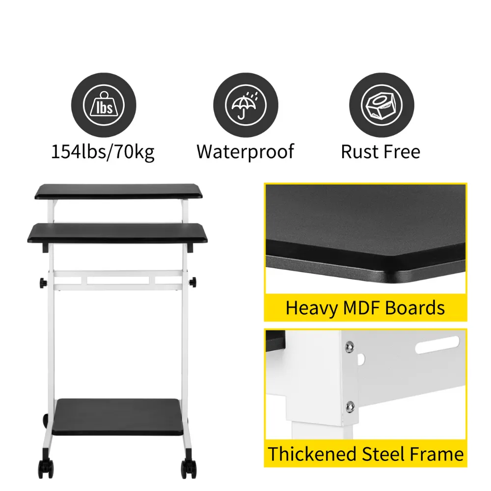 Adjustable 3 Tier Laptop Standing Desk With Lockable Wheels