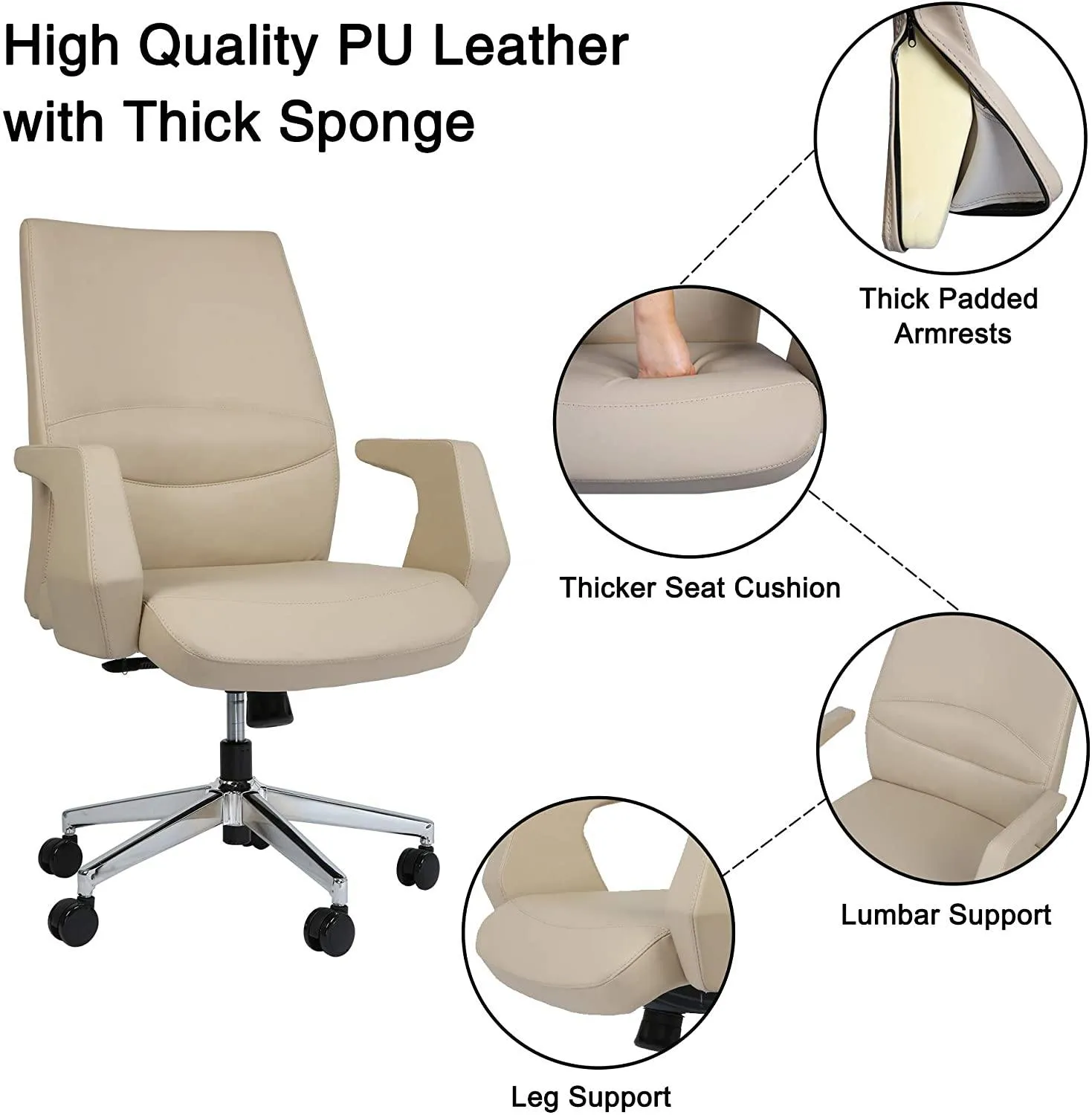 Adjustable Ergonomic Leather Executive Office Chair - Comfortable Home Office Desk Chair with Lock Position