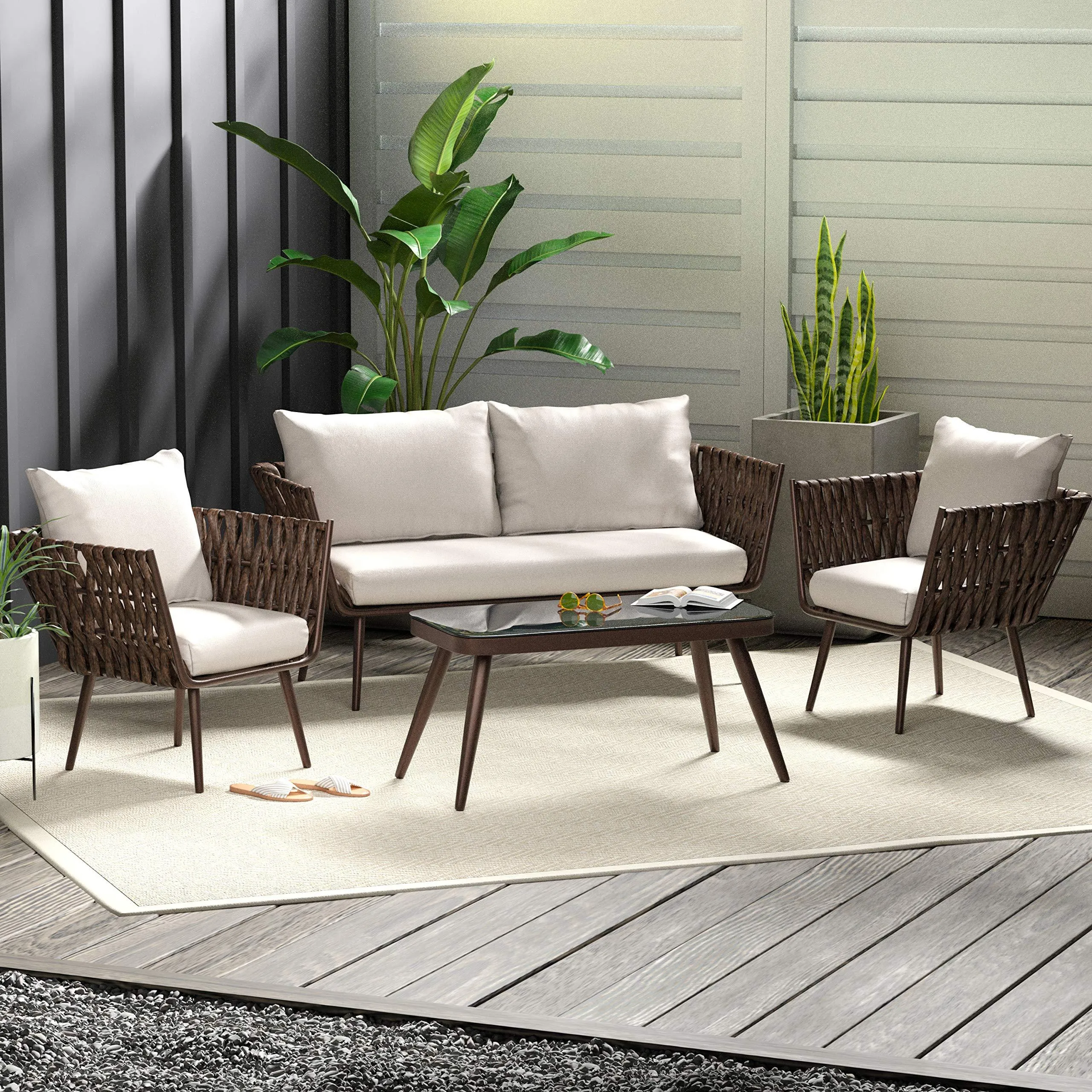 AmazonBasics 4-Piece PE Rattan Wicker Outdoor Furniture Patio Set