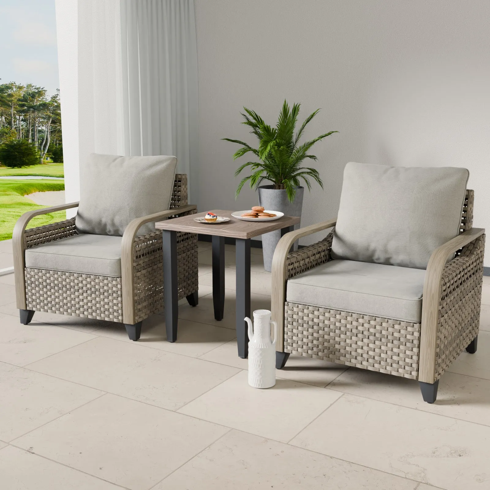 COOS BAY 3 Piece Outdoor Bistro Set, Patio Wicker Bistro Table and Chairs Set of 3, Outdoor Furniture Set w/Wicker Chairs & Side Table, Gray/Brown