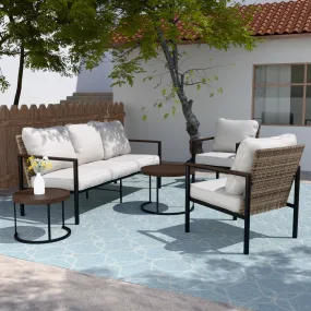 COOS BAY 5 Pieces Patio Furniture Set, Includes Patio Chairs, 3 Seater Patio Sofa and Nesting Coffee Tables, Beige/Blue