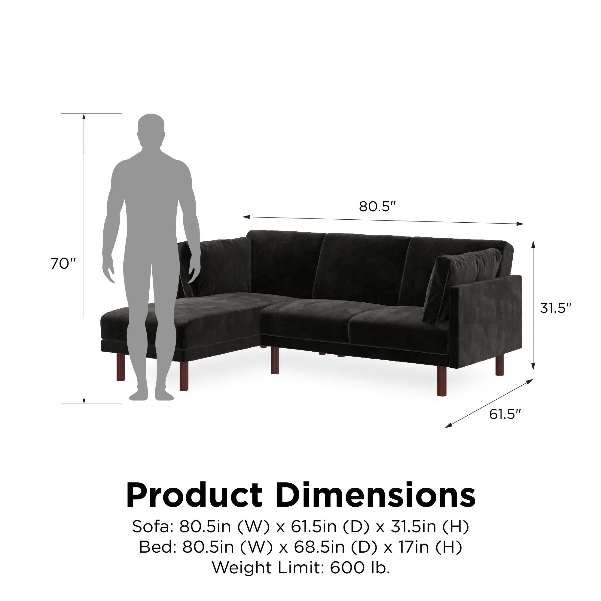 DHP Clair Coil Reversible Sectional Futon, Black