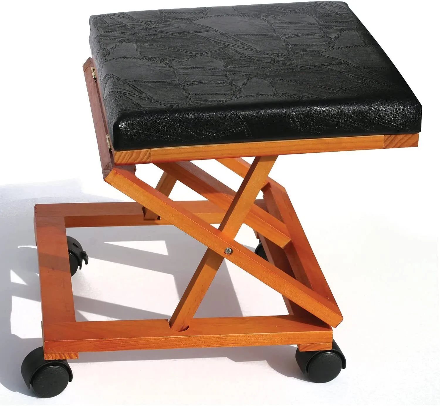 Folding Foot Stool Ottoman, Wheels Adjustable Height Wooden Foot Rest, Leather