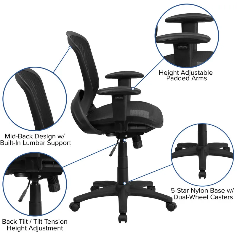 Mid-Back Transparent Black Mesh Executive Swivel Office Chair with Adjustable Arms