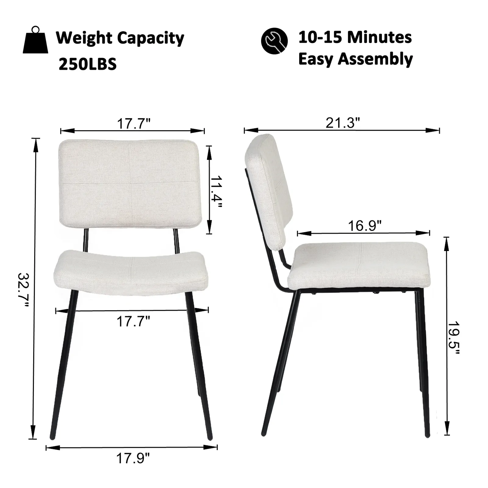 Modern Upholstered Dining Chair - Beige Fabric Seat with Black Metal Legs, Comfortable and Stylish Design