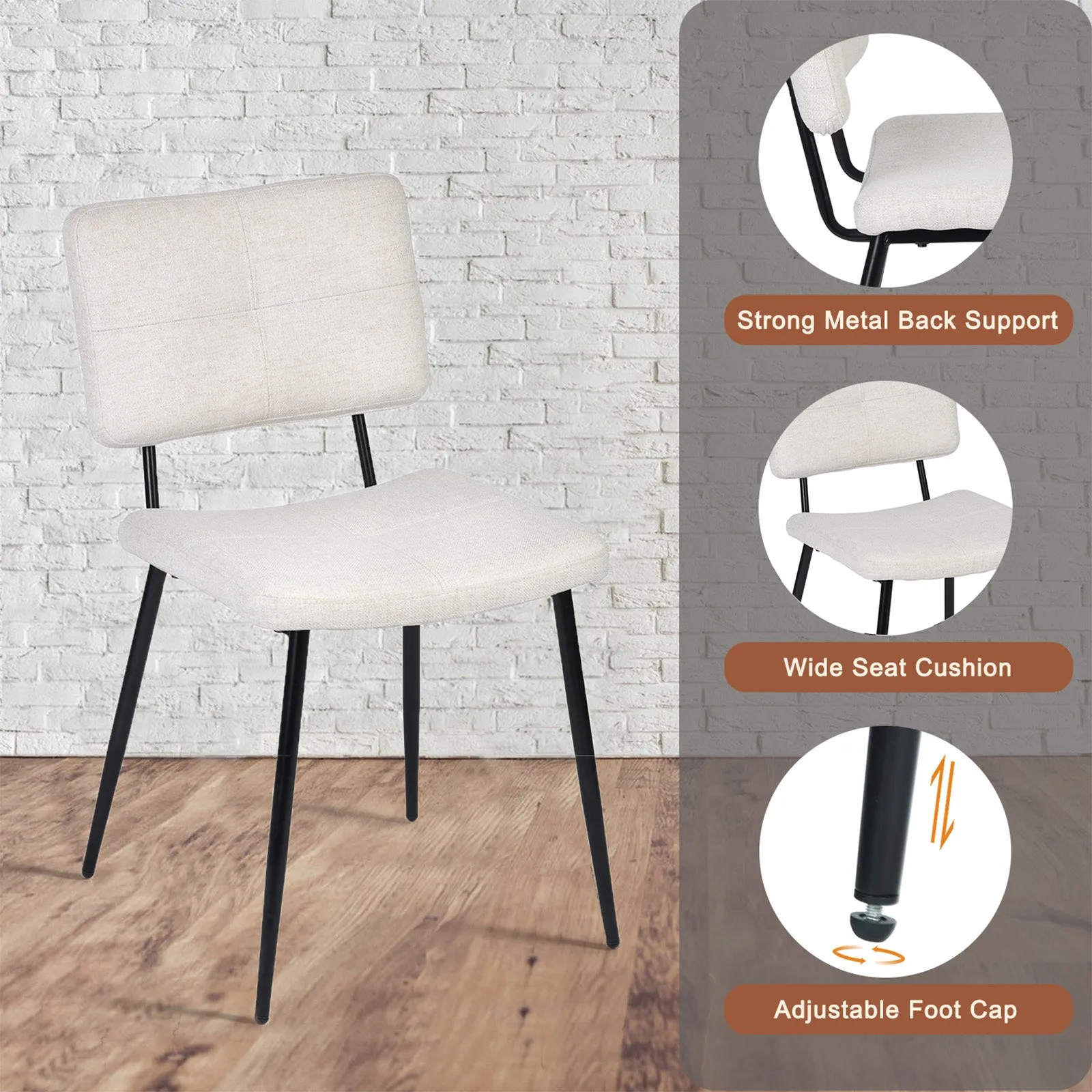 Modern Upholstered Dining Chair - Beige Fabric Seat with Black Metal Legs, Comfortable and Stylish Design