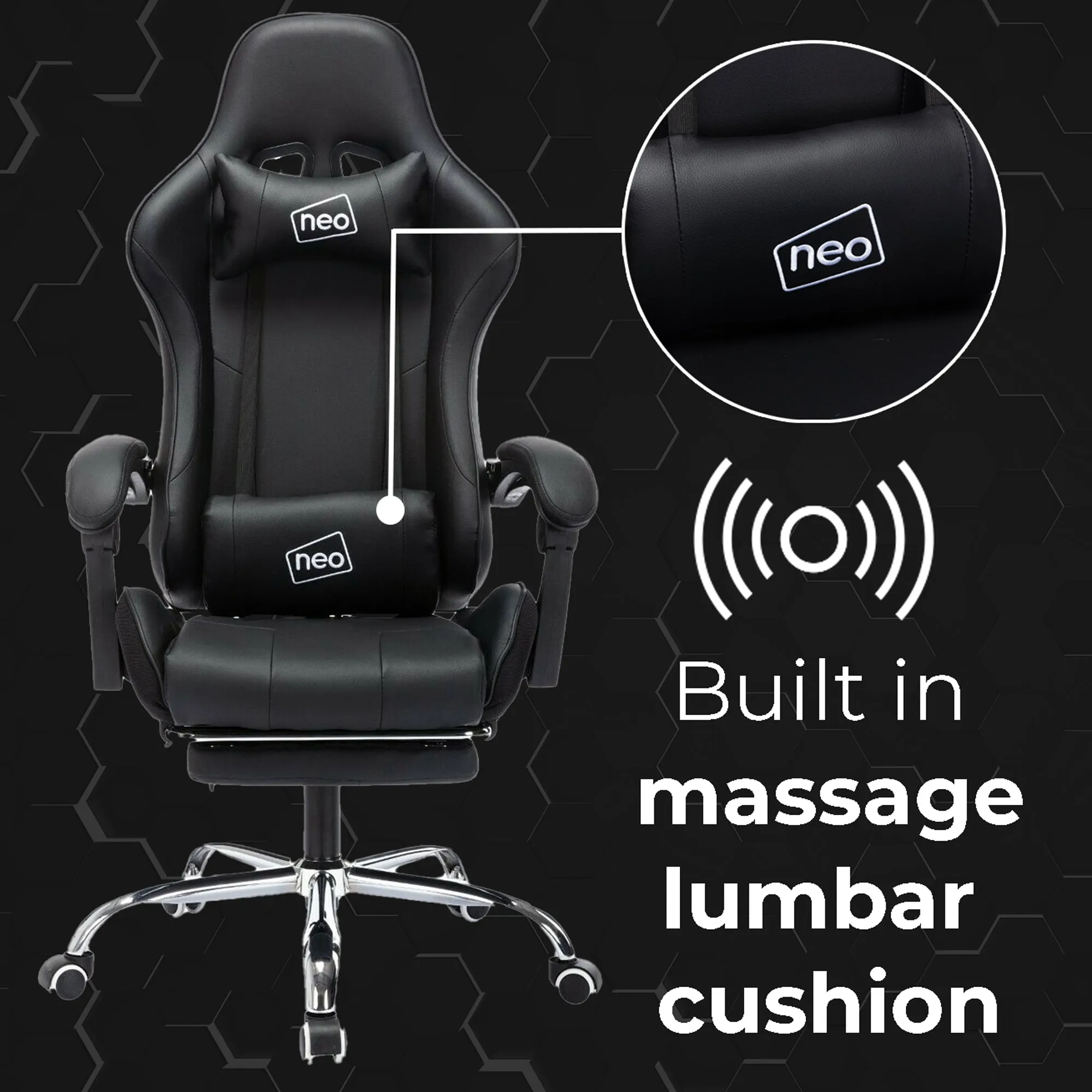 Neo Black Leather Gaming Chair with Massage Function and Footrest