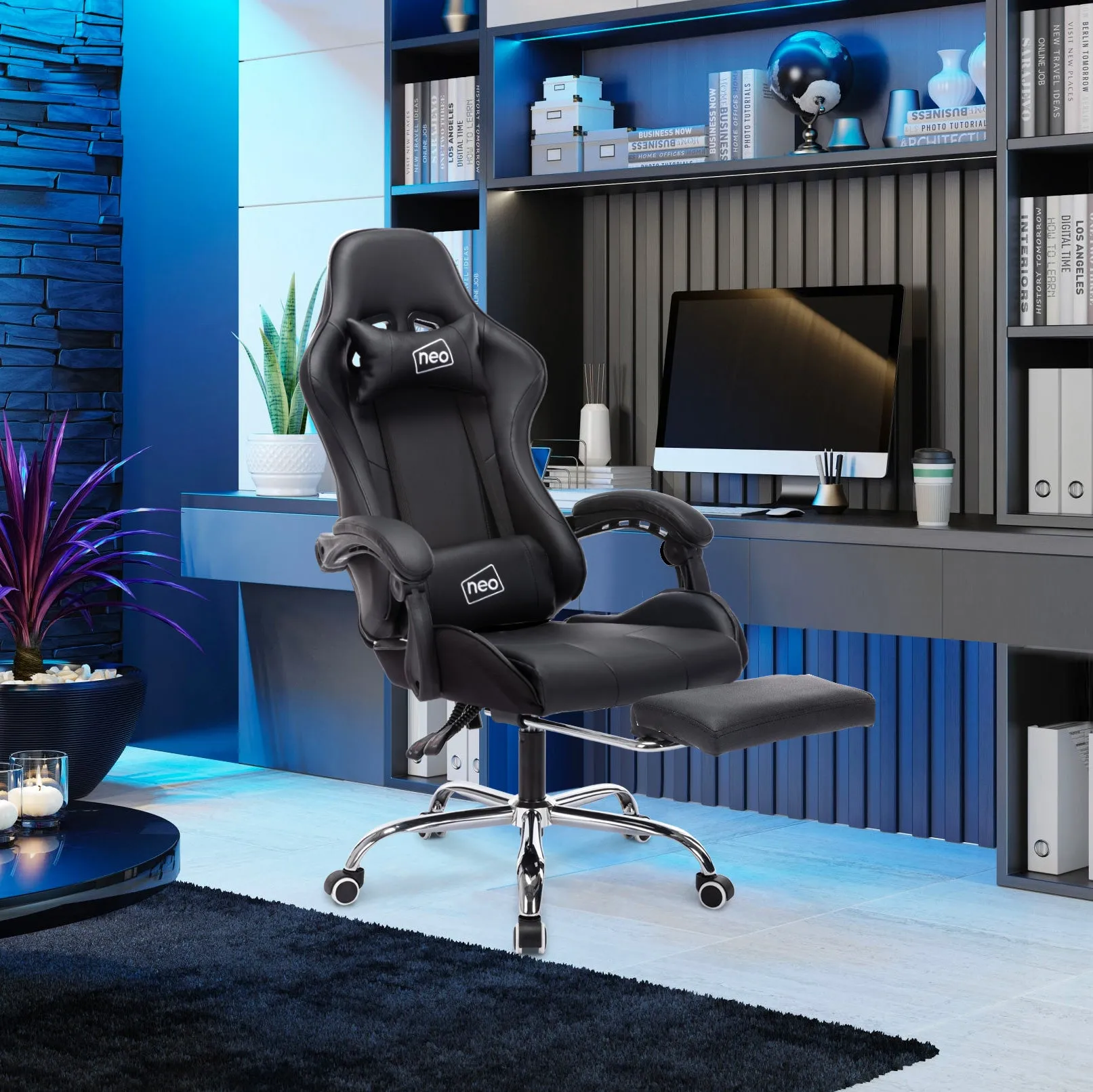 Neo Black Leather Gaming Chair with Massage Function and Footrest