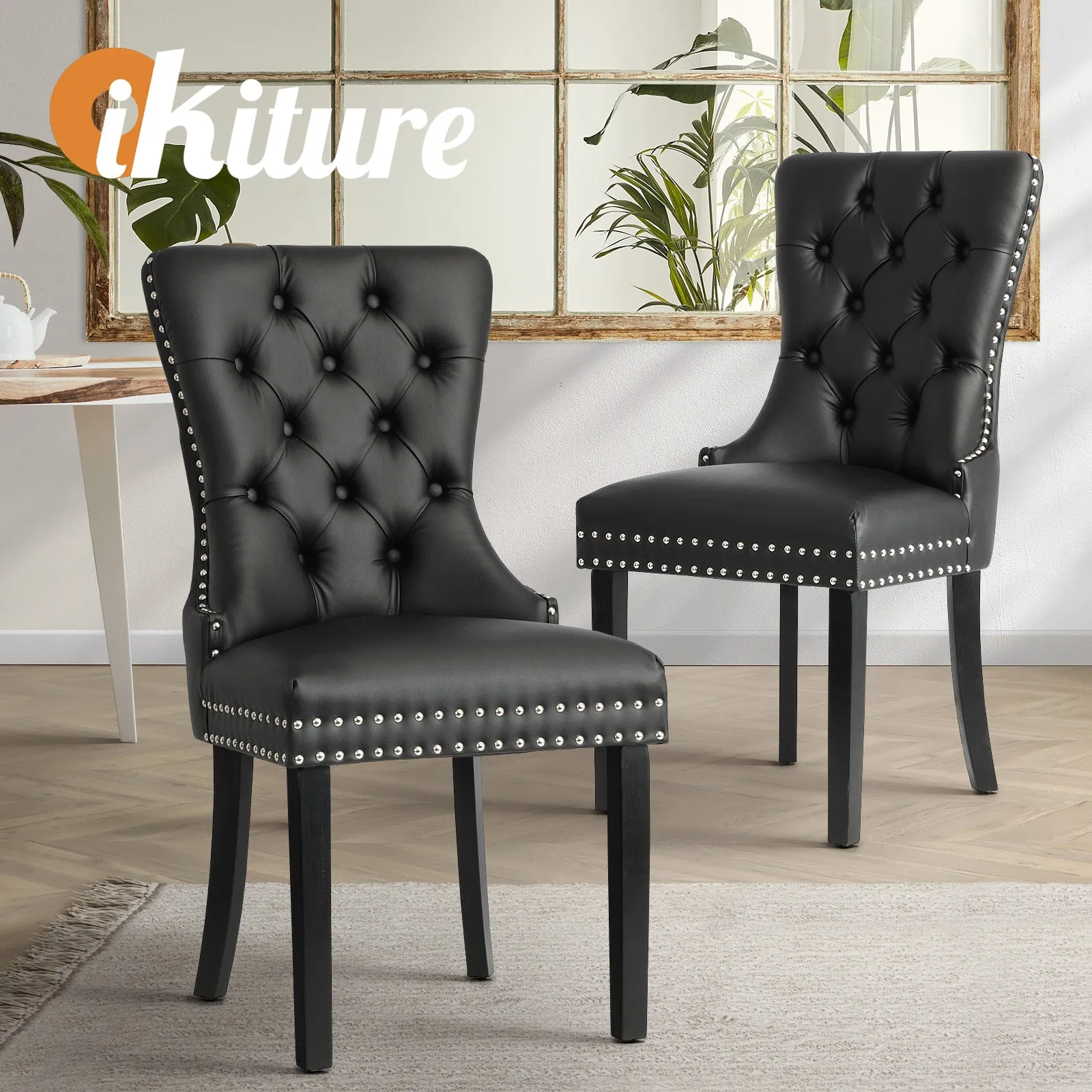 Oikiture 2x Dining Chairs Upholstered French Provincial Tufted PU Leather Black