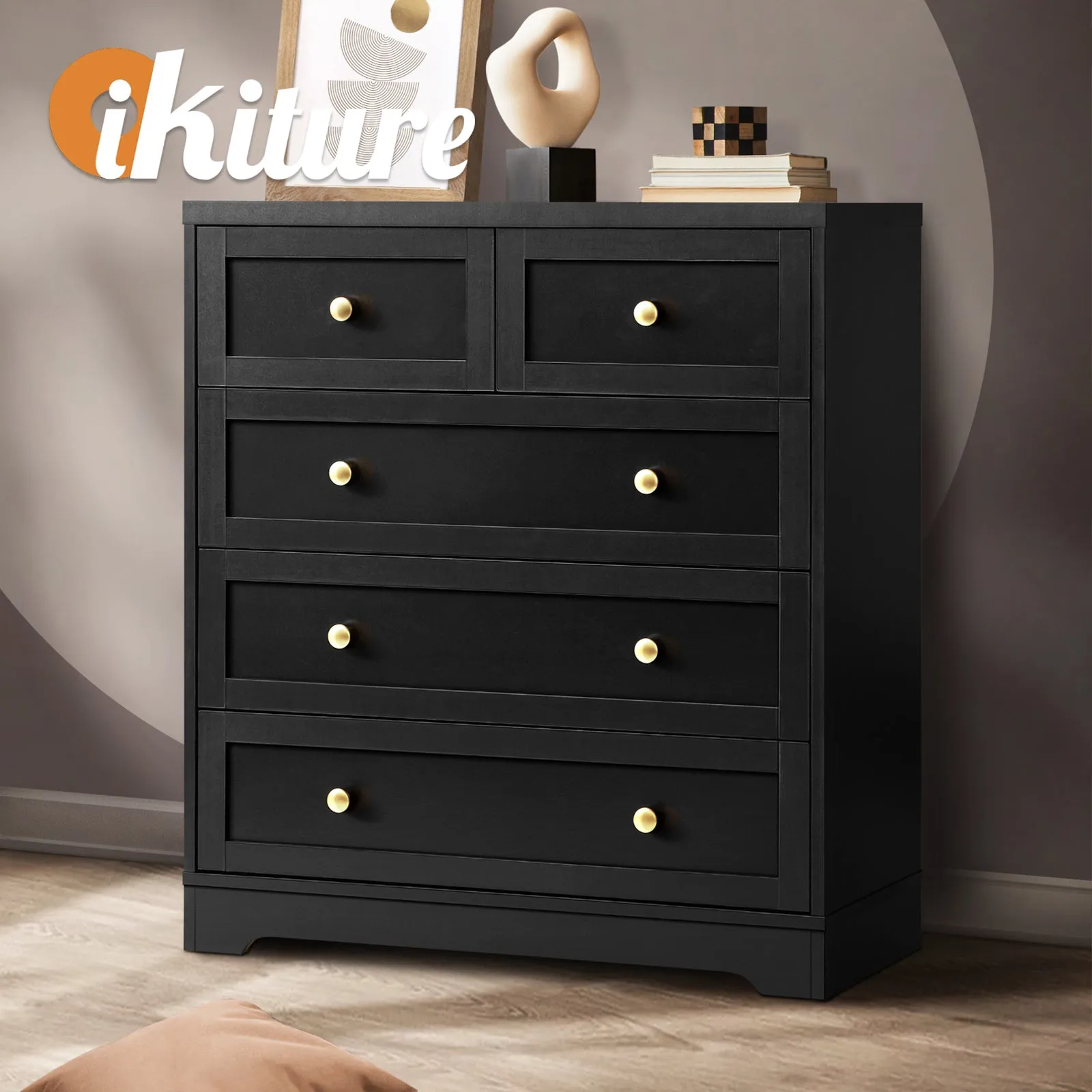 Oikiture 5 Chest of Drawers Tallboy Dresser Table Storage Cabinet Black