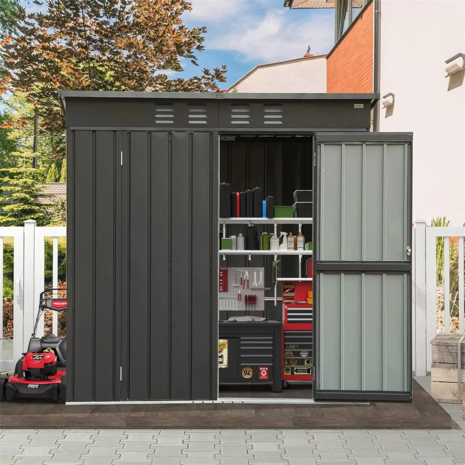 Outdoor Storage Shed, Outdoor Garden Shed for Bike, Trash Can, Machine, Galvanized Steel, Outdoor Shed with Lockable Door