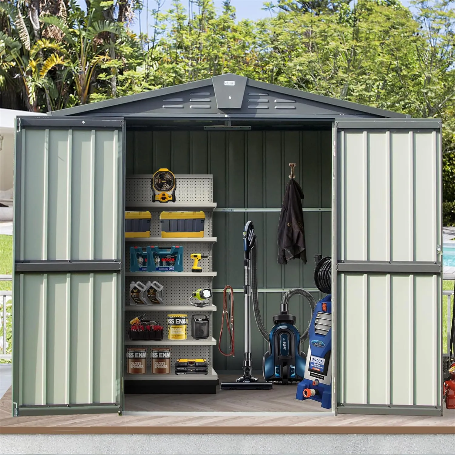 Outdoor Storage Shed, Outdoor Garden Shed for Bike, Trash Can, Machine, Galvanized Steel, Outdoor Shed with Lockable Door