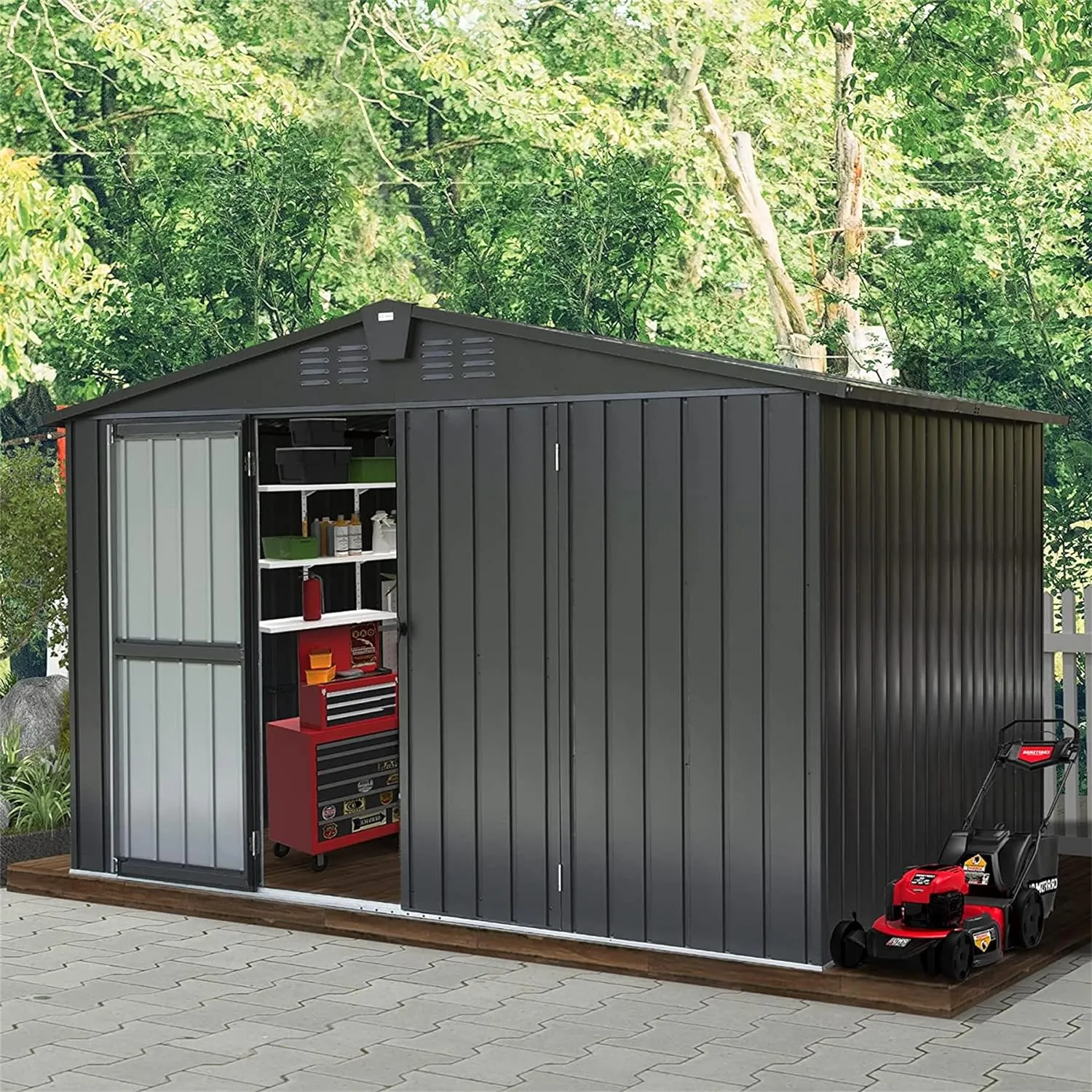 Outdoor Storage Shed, Outdoor Garden Shed for Bike, Trash Can, Machine, Galvanized Steel, Outdoor Shed with Lockable Door