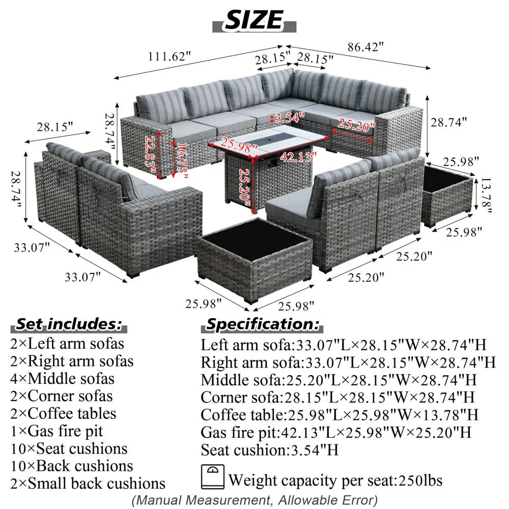 Ovios 13 Pieces Outdoor Furniture with 7.68'' Broad Handrails and Rectangle 42.12'' Fire Pit Table