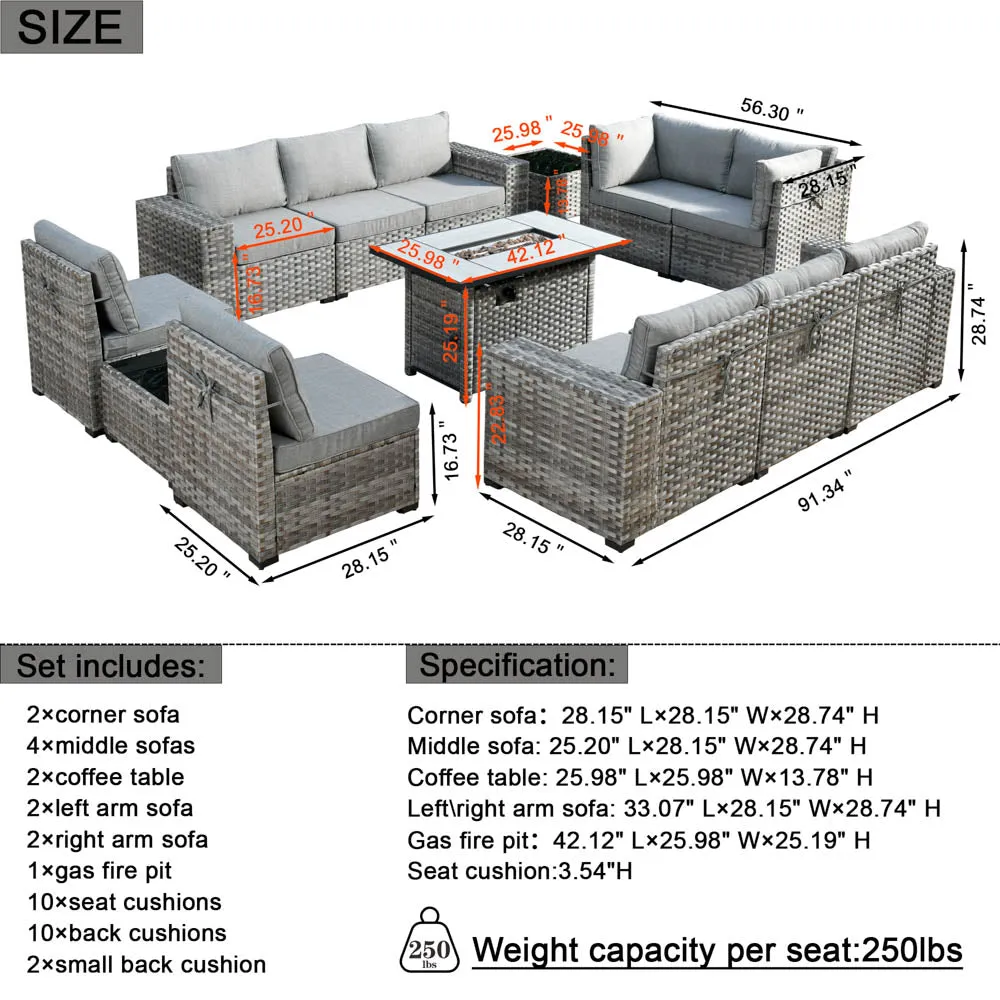 Ovios 13 Pieces Outdoor Furniture with 7.68'' Broad Handrails and Rectangle 42.12'' Fire Pit Table