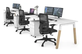 Quadro A Legs 3 Person Run Office Workstation - Wood Legs Cross Beam [1400L x 800W with Cable Scallop]