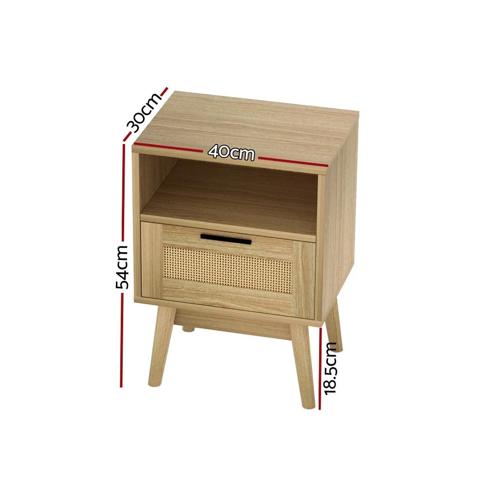 Rattan Bedside Table with 1 Drawer and Shelf - Oak