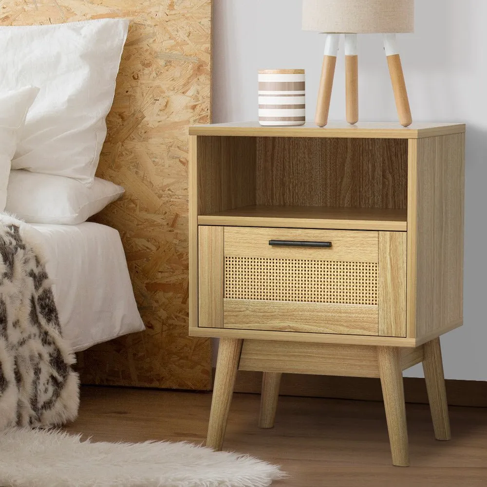 Rattan Bedside Table with 1 Drawer and Shelf - Oak