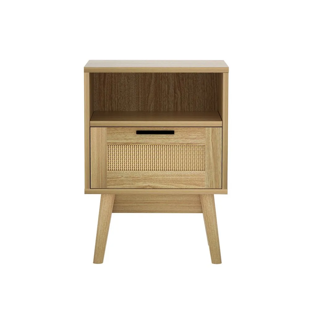 Rattan Bedside Table with 1 Drawer and Shelf - Oak