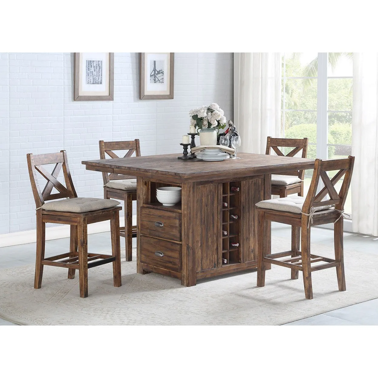 Rustic Wood Dining 5-Pc Set - Extendable (60x30-48") Pub Height - New