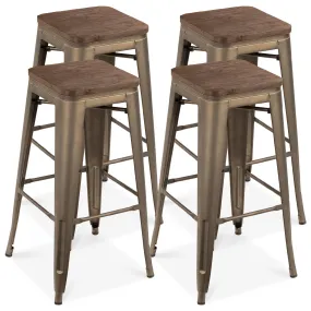 Set of 4 Industrial Steel Backless Bar Height Stools w/ Wood Seats - 30in