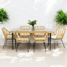 Wooden Twist Modern Bistro 6 Seater Rectangular Dining Table Set Elegant Garden Seating, Rattan & Steel, Outdoor Patio